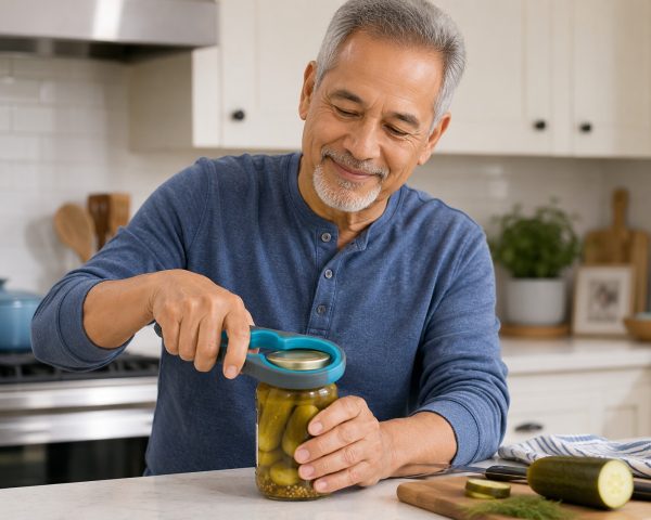 Opening a jar in a cosy kitchen Non slip jar opener for weak hands