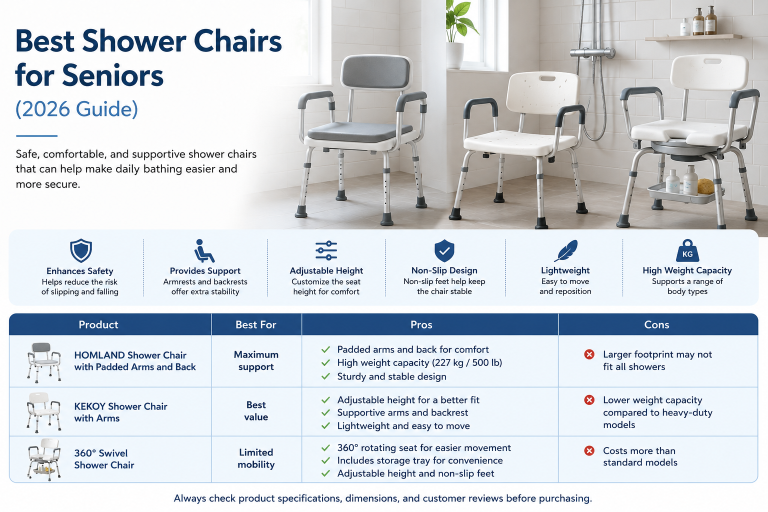 Comparison of three shower chairs with armrests and adjustable features for seniors and people with limited mobility