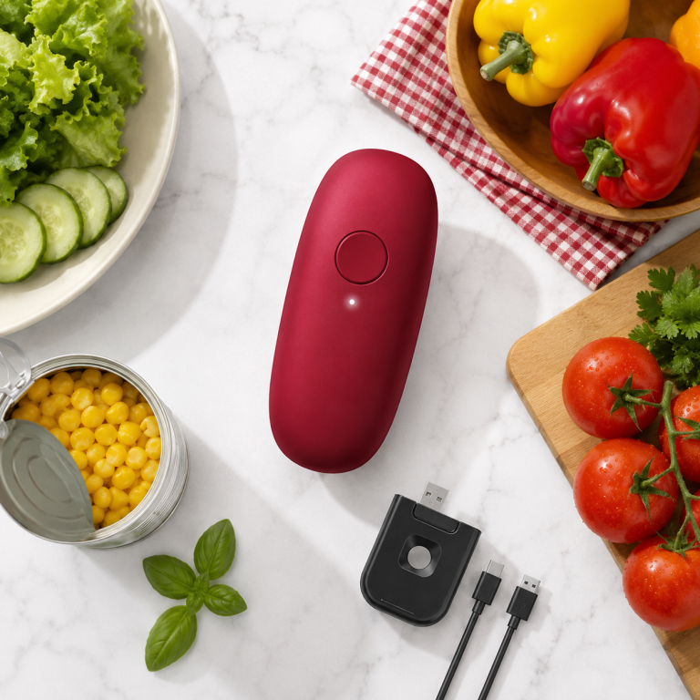 Red rechargeable electric can opener beside an opened can of corn and fresh vegetables