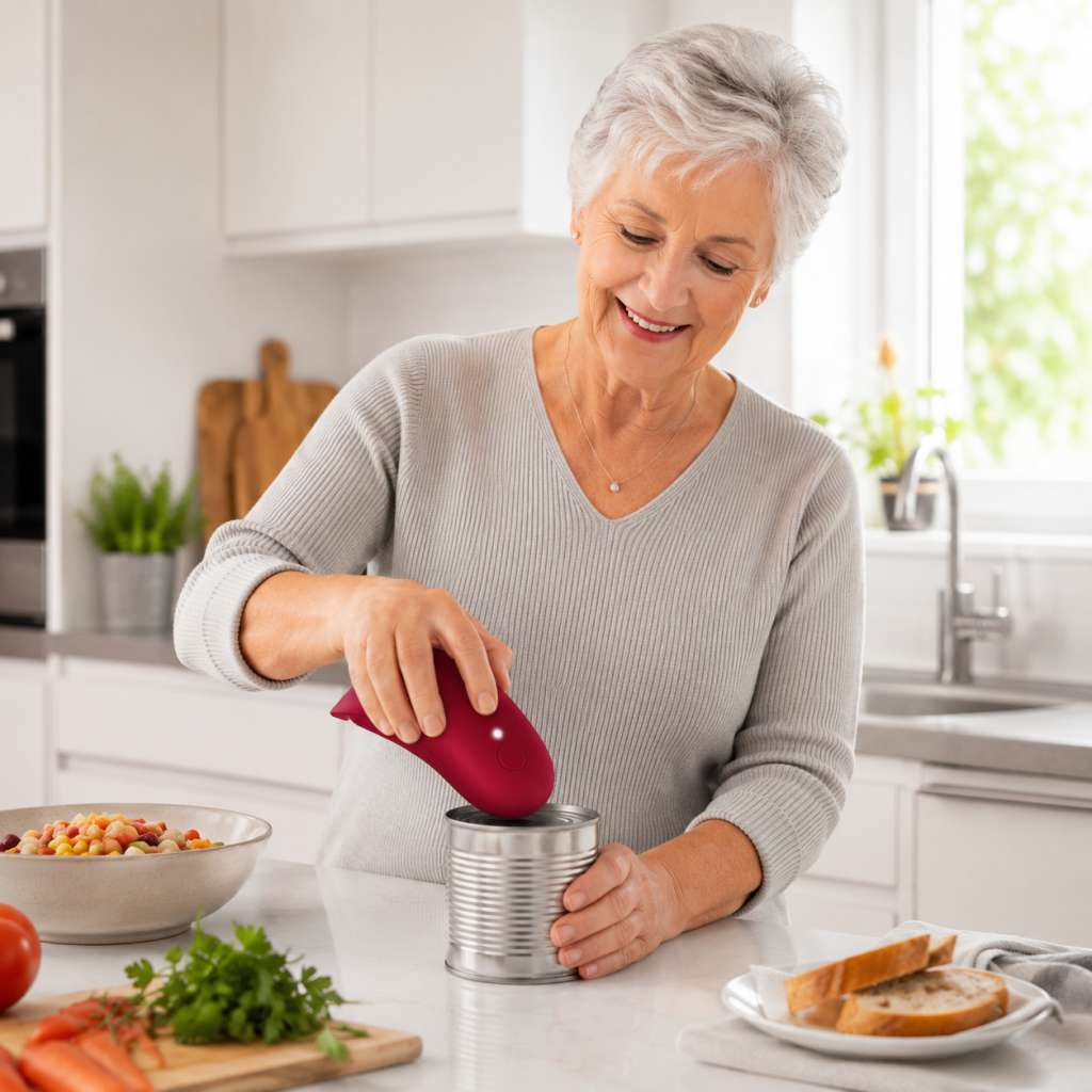 Senior woman using an electric can opener in a modern kitchen