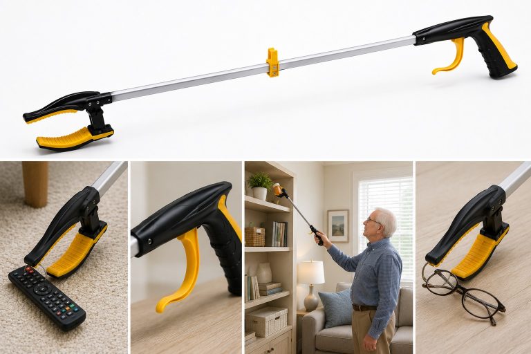 Senior using a long handled reacher and grabber tool to safely pick up an item from the floor without bending.