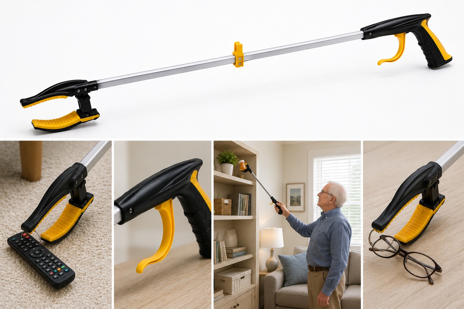 Senior using a long handled reacher and grabber tool to safely pick up an item from the floor without bending.