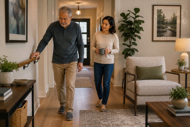 Older man using a hallway handrail while his adult daughter walks nearby in a safe, well-lit home.