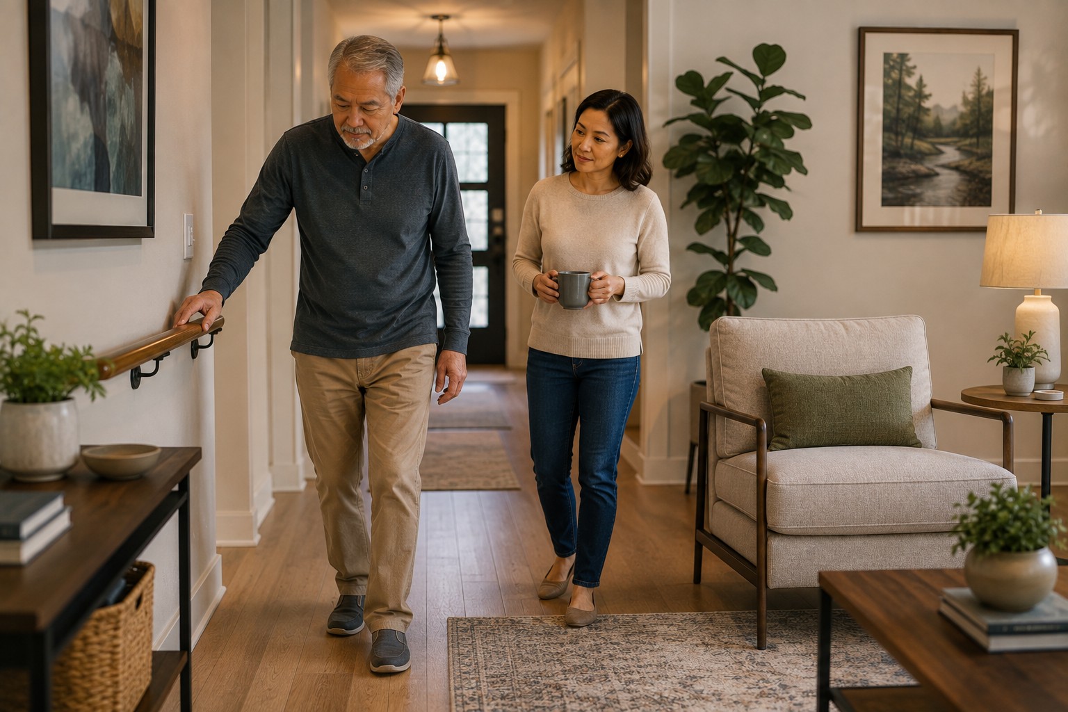 Older man using a hallway handrail while his adult daughter walks nearby in a safe, well-lit home.