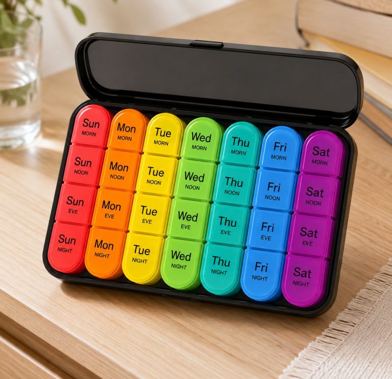 Colour-coded 7-day pill organiser with morning, noon, evening and night compartments on a bedside table