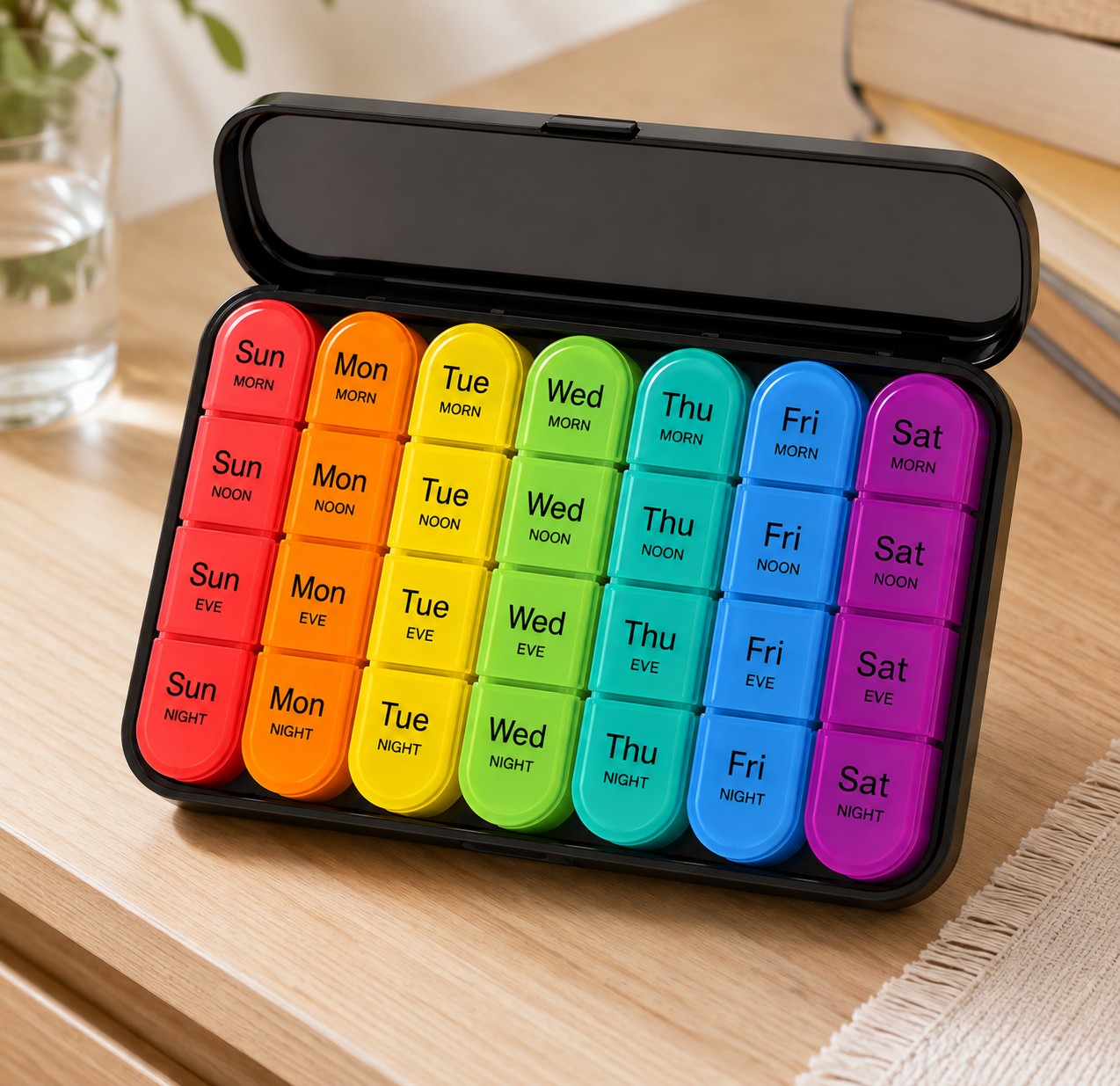 Colour-coded 7-day pill organiser with morning, noon, evening and night compartments on a bedside table