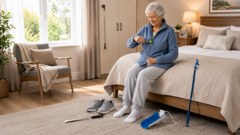 Senior woman using a dressing aid to zip her jacket while seated in a bedroom, with a sock aid, long handled shoehorn, and dressing stick nearby.