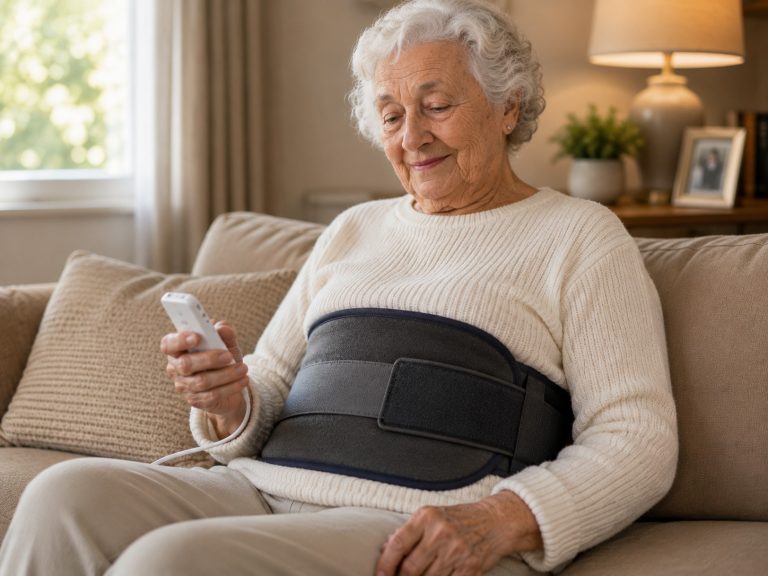 Elderly woman using an electric heating pad around her lower back while relaxing at home.