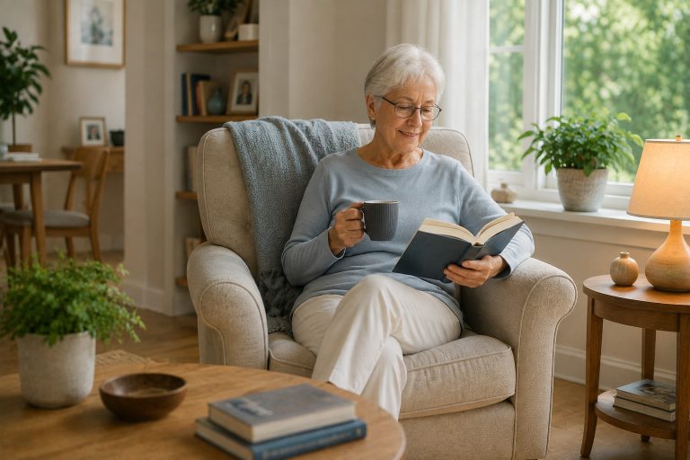 Older woman relaxing independently at home while reading a book and enjoying a cup of tea.