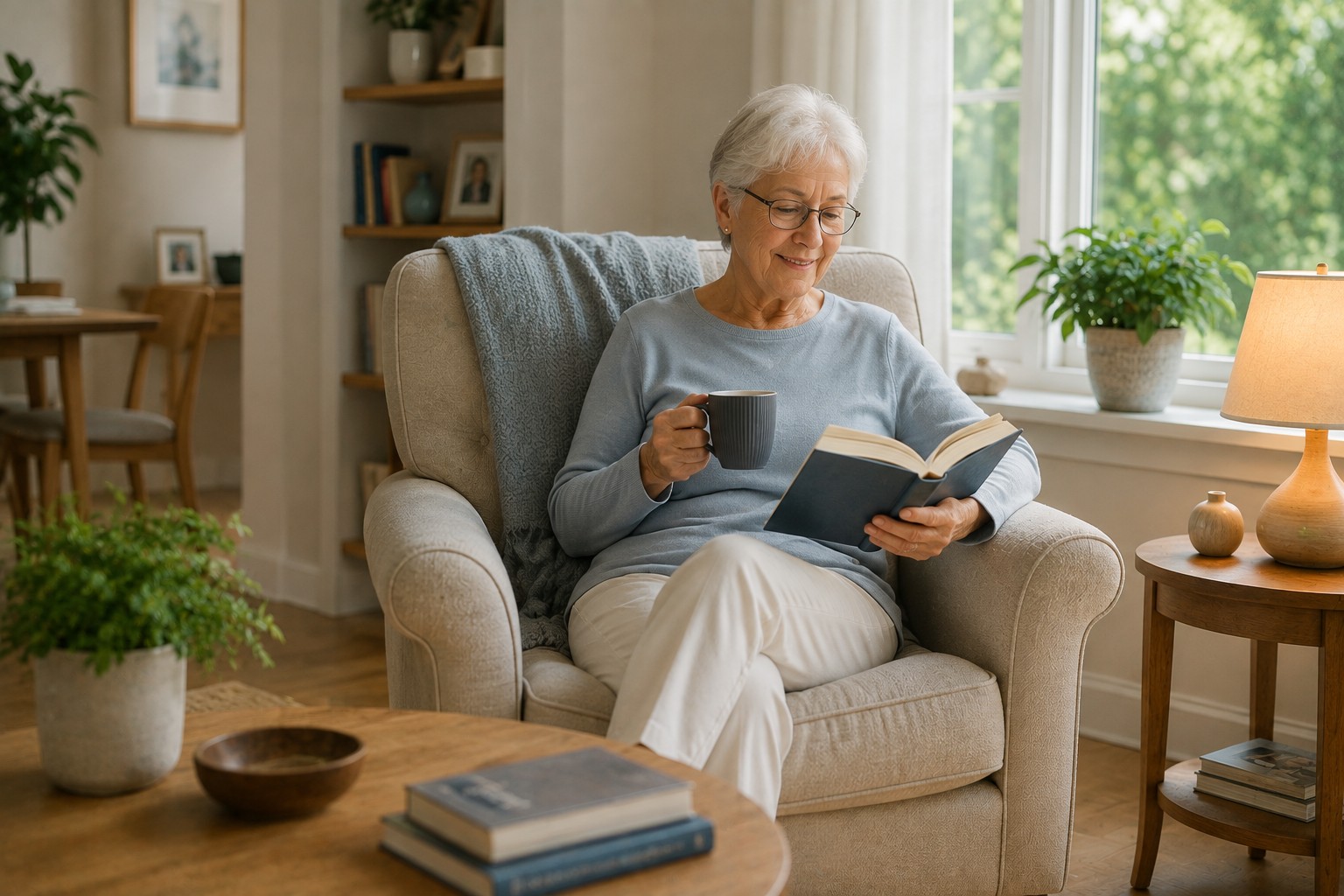 Older woman relaxing independently at home while reading a book and enjoying a cup of tea.