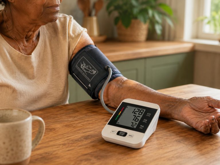 Older woman checking her blood pressure at home with a digital upper-arm monitor.