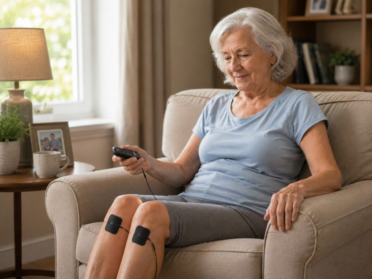 Older woman using a TENS machine on her knees while relaxing at home.