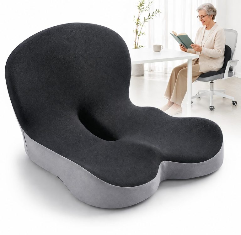 “Black ergonomic seat cushion with contoured support, shown beside an elderly woman comfortably seated and reading a book
