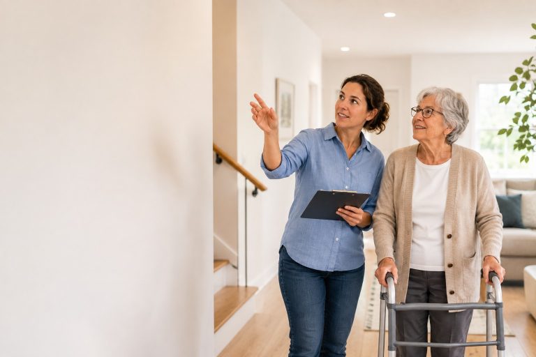 Older parent and caregiver checking home safety