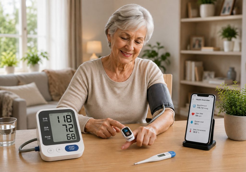 older woman using blood pressure