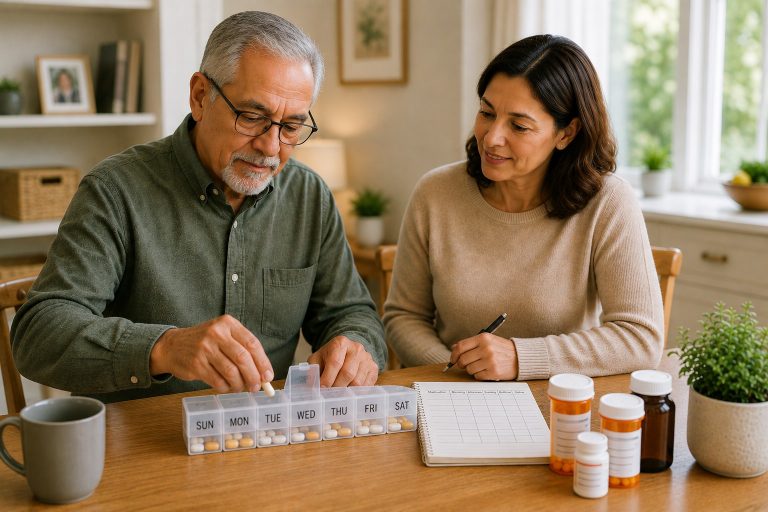 Older man organizing medication in a weekly pill box while his adult daughter reviews a medication schedule beside him