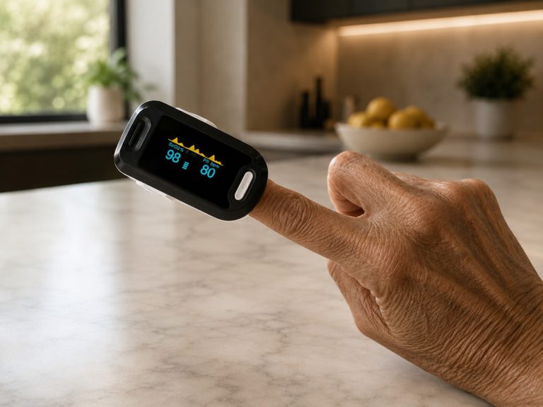 Older adult using a fingertip pulse oximeter to check blood oxygen levels at home