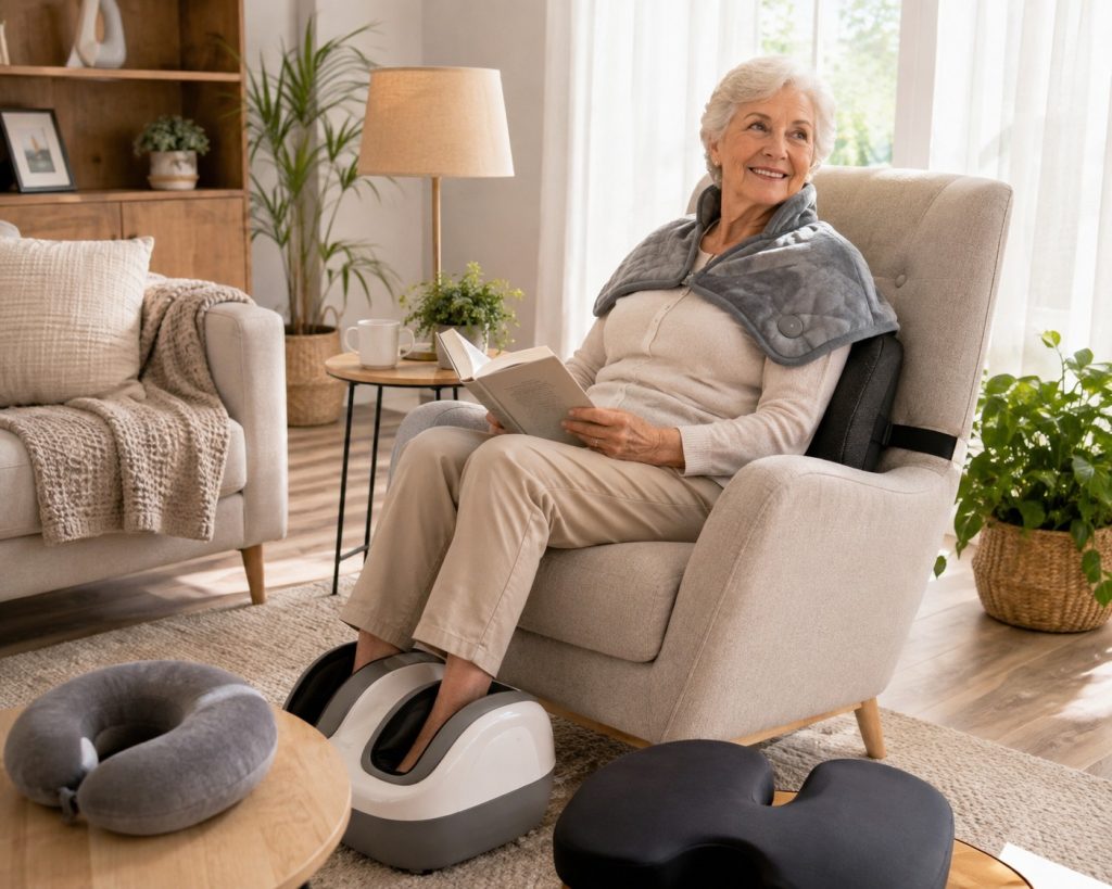 A senior enjoying a neck massager or foot massager.Orthopaedic and support pillows Seat and back cushions Leg elevation pillows Footrests Heated blankets and throws Bed comfort products Pressure-relief cushions Products designed for relaxation and everyday comfortOrthopaedic and support pillows Seat and back cushions Leg elevation pillows Footrests Heated blankets and throws Bed comfort products Pressure-relief cushions Products designed for relaxation and everyday comfort