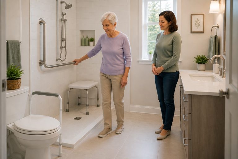 Older woman using a bathroom grab bar while her adult daughter stands nearby in a bright, accessible bathroom.