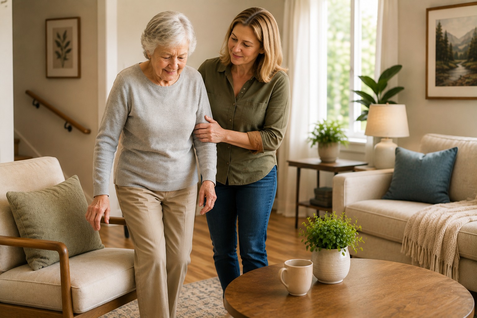 Older woman moving carefully through her living room while her adult daughter provides gentle support nearby.