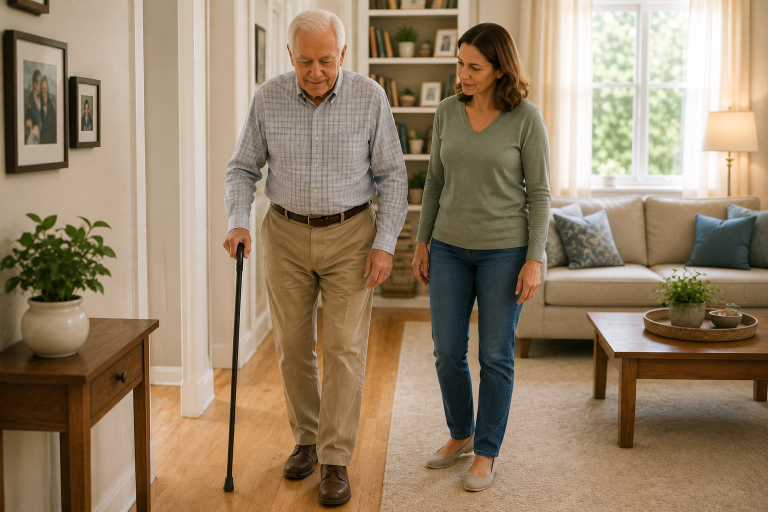 Elderly man walking carefully with a cane at home while his adult daughter stays nearby for support.