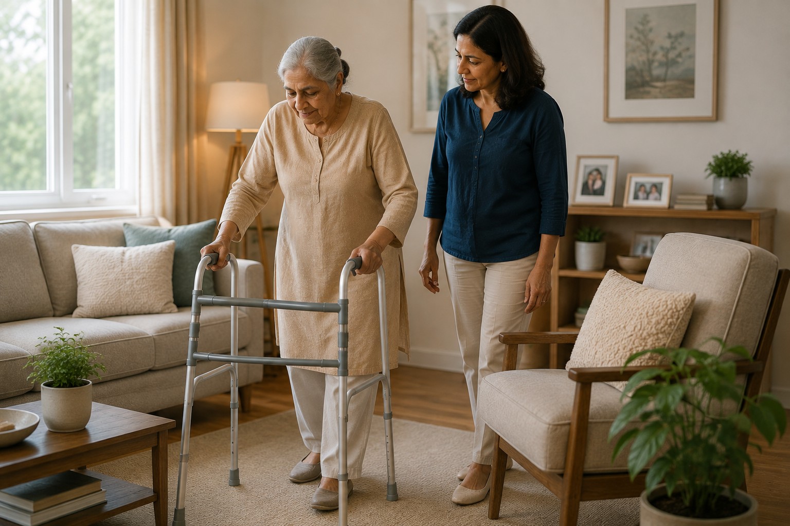 Elderly woman using a walker independently at home while her adult daughter stays nearby for support.