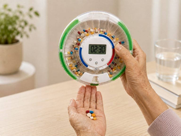 Older adult using an automatic pill dispenser to organise and dispense daily medication.