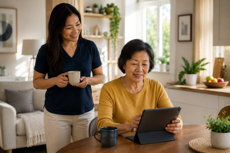 Older woman using a tablet independently at home while her adult daughter stands nearby with a cup.