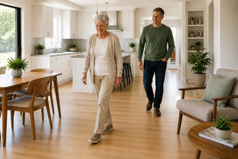 Older woman walking independently through a bright, clutter-free home while her adult son stays nearby.