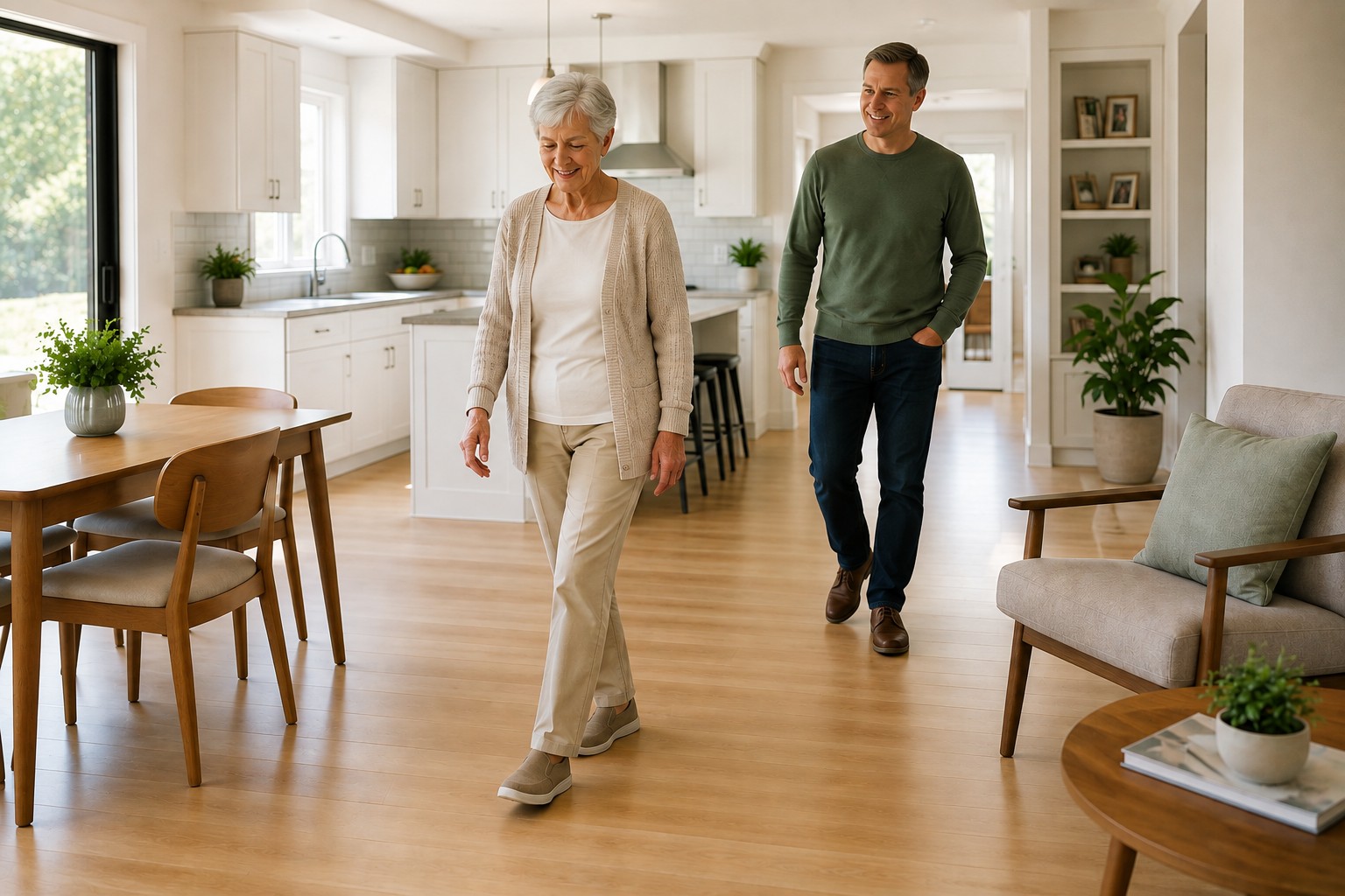 Older woman walking independently through a bright, clutter-free home while her adult son stays nearby.