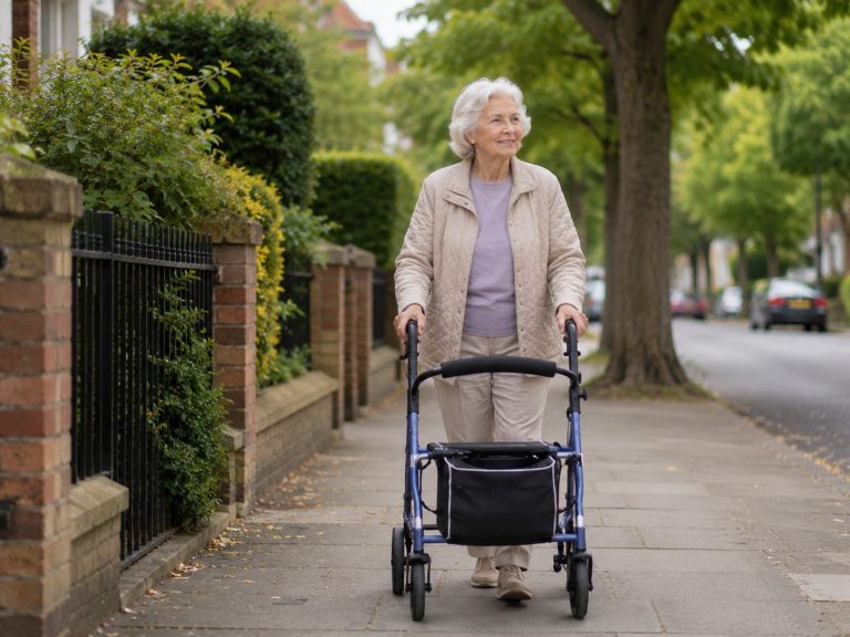 Older woman walking along a UK residential street using a four-wheel rollator.