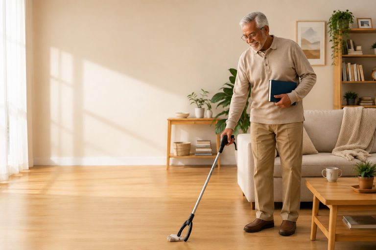 Senior man using a long handled reacher at home while holding a book