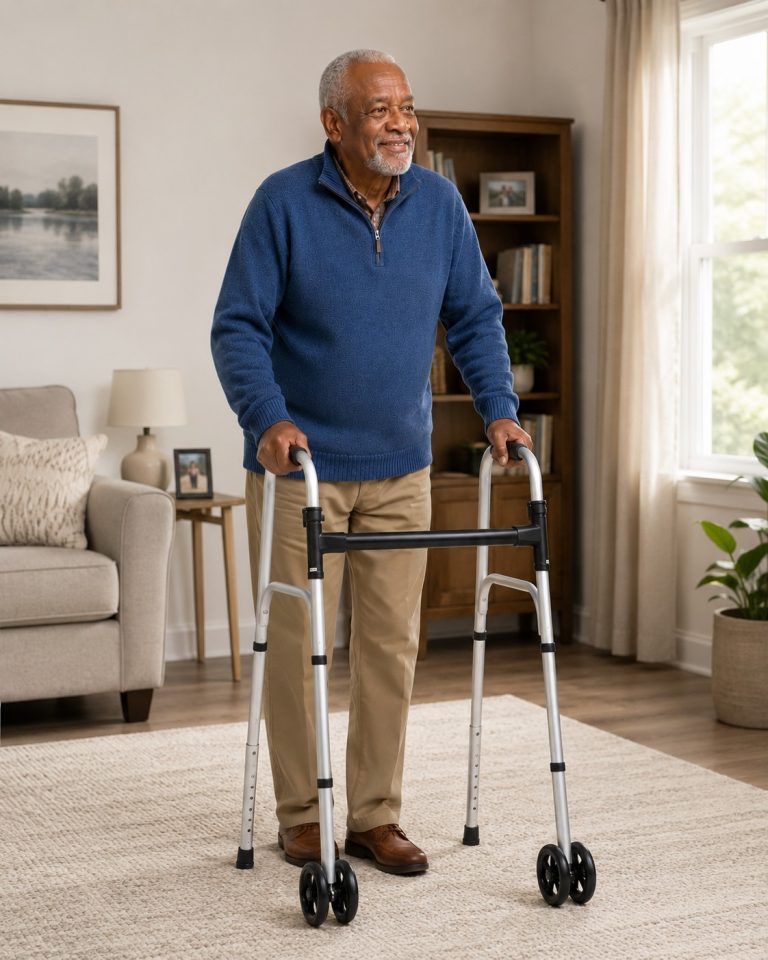 Older man using a wheeled walking frame in his living room