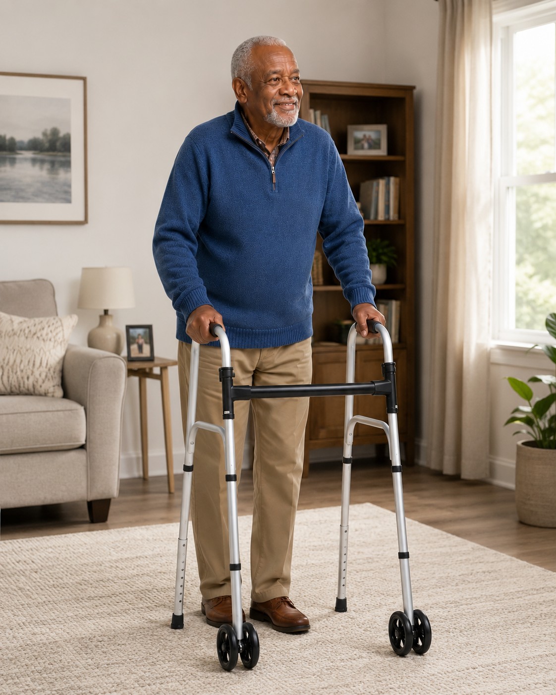 Older man using a wheeled walking frame in his living room
