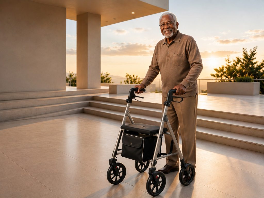 Older man using a rollator walking frame for mobility support